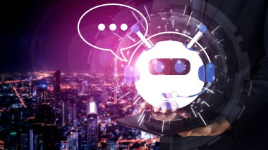 Al Chatbot akıllı dijital müşteri hizmetleri uygulaması konsepti. Yapay zeka sohbet botu otomatik mesajı kullanan bilgisayar veya mobil aygıt uygulaması müşterilere anında yardım etmek için çevrimiçi yanıt verir.