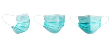 Tıbbi yüz maskesi beyaz arka planda izole edilmiş. Yüz maskesi ve kulak ipinin etrafında kesik izleri var. COVID-19 veya Coronavirus Hastalığı kavramı. Yüz maskesi takarak önleme 2019..