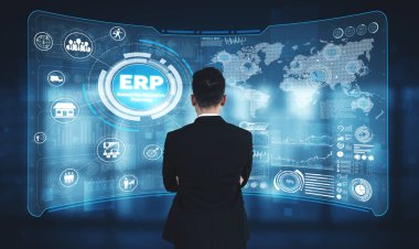 Girişim Kaynak Yönetimi ERP yazılım sistemi modern grafik arayüzünde sunulmuştur. Şirket kaynaklarını yönetmek için geleceğin teknolojisini göstermektedir..