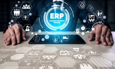 Girişim Kaynak Yönetimi ERP yazılım sistemi modern grafik arayüzünde sunulmuştur. Şirket kaynaklarını yönetmek için geleceğin teknolojisini göstermektedir..