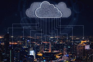 İş ağı konsepti için bulut bilgisayar teknolojisi ve çevrimiçi veri depolama. Bulut veri transferi için internet sunucu servisine bağlanan bilgisayar 3B fütüristik grafik arayüzünde sunuluyor.