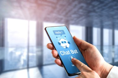 Al Chatbot akıllı dijital müşteri hizmetleri uygulaması konsepti. Yapay zeka sohbet botu otomatik mesajı kullanan bilgisayar veya mobil aygıt uygulaması müşterilere anında yardım etmek için çevrimiçi yanıt verir.