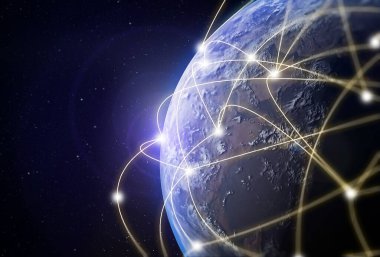 3 boyutlu illüstrasyon modern yaratıcı iletişim ve internet ağ haritası akıllı şehirde bağlanıyor. Uluslararası 5G kablosuz dijital bağlantı kavramı ve gelecekteki şeylerin interneti.