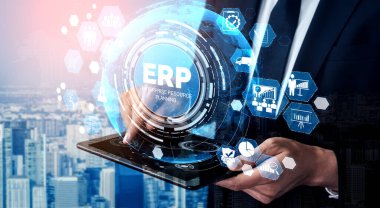 Girişim Kaynak Yönetimi ERP yazılım sistemi modern grafik arayüzünde sunulmuştur. Şirket kaynaklarını yönetmek için geleceğin teknolojisini göstermektedir..