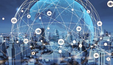 Modern yaratıcı iletişim ve internet ağı akıllı şehirde birleşir. 5G kablosuz dijital bağlantı ve gelecekteki şeylerin interneti kavramı.