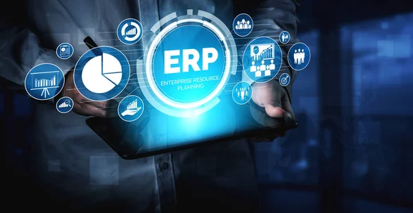 Enterprise Resource Management ERP software system for business resources plan presented in modern graphic interface showing future technology to manage company enterprise resource.