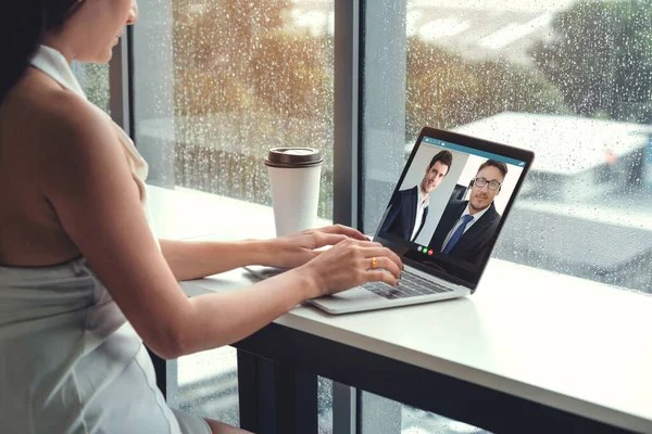 Chamada Vídeo Reunião Pessoas Negócios Local Trabalho Virtual Escritório Remoto — Fotografia de Stock