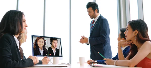 Grupo Chamadas Vídeo Reunião Empresários Local Trabalho Virtual Escritório Remoto — Fotografia de Stock