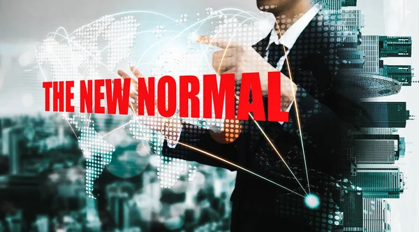 New normal concept effected by COVID 19 coronavirus that changes our lifestyle to new normal presented in style of social media banner or global news when abnormal becomes new normal .