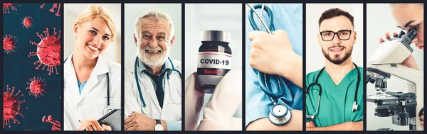 Coronavirus Covid Fotókészlet Banner Koncepciója Orvosi Kezelés Beleértve Gyógyszer Vakcina — Stock Fotó