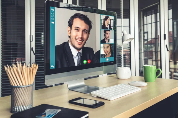 Chamada Vídeo Reunião Pessoas Negócios Local Trabalho Virtual Escritório Remoto — Fotografia de Stock