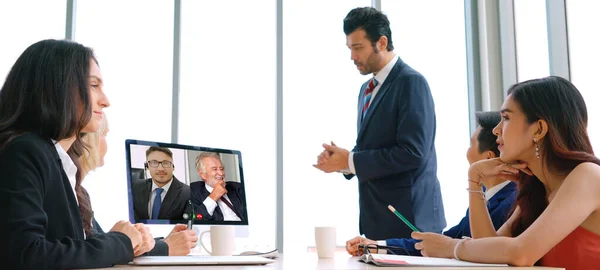 Grupo Chamadas Vídeo Reunião Empresários Local Trabalho Virtual Escritório Remoto — Fotografia de Stock