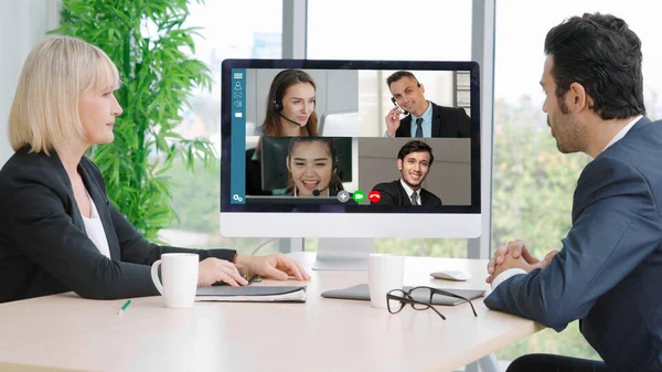 Grupo Chamadas Vídeo Reunião Empresários Local Trabalho Virtual Escritório Remoto — Fotografia de Stock