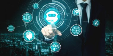 Al Chatbot akıllı dijital müşteri hizmetleri uygulaması konsepti. Yapay zeka sohbet botu otomatik mesajı kullanan bilgisayar veya mobil aygıt uygulaması müşterilere anında yardım etmek için çevrimiçi yanıt verir.