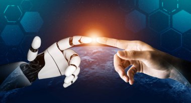 3D Rending gelecekteki robot teknolojisi geliştirme, yapay zeka yapay zeka ve makine öğrenme konsepti. İnsan hayatının geleceği için küresel robot biyonik bilim araştırması.