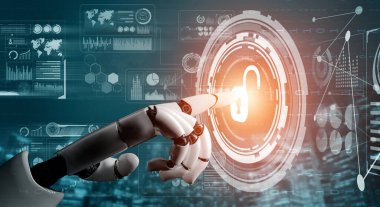 3D Rending gelecekteki robot teknolojisi geliştirme, yapay zeka yapay zeka ve makine öğrenme konsepti. İnsan hayatının geleceği için küresel robot biyonik bilim araştırması.