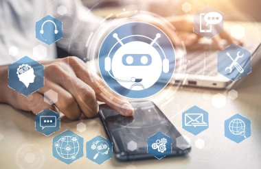 Al Chatbot akıllı dijital müşteri hizmetleri uygulaması konsepti. Yapay zeka sohbet botu otomatik mesajı kullanan bilgisayar veya mobil aygıt uygulaması müşterilere anında yardım etmek için çevrimiçi yanıt verir.