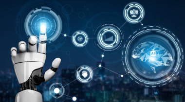 3D Rending gelecekteki robot teknolojisi geliştirme, yapay zeka yapay zeka ve makine öğrenme konsepti. İnsan hayatının geleceği için küresel robot biyonik bilim araştırması.