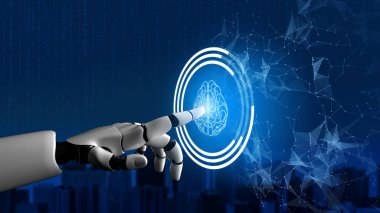 3D Rending gelecekteki robot teknolojisi geliştirme, yapay zeka yapay zeka ve makine öğrenme konsepti. İnsan hayatının geleceği için küresel robot biyonik bilim araştırması.