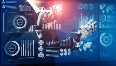 3D Rending gelecekteki robot teknolojisi geliştirme, yapay zeka yapay zeka ve makine öğrenme konsepti. İnsan hayatının geleceği için küresel robot biyonik bilim araştırması.