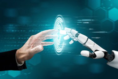 3D Rending gelecekteki robot teknolojisi geliştirme, yapay zeka yapay zeka ve makine öğrenme konsepti. İnsan hayatının geleceği için küresel robot biyonik bilim araştırması.