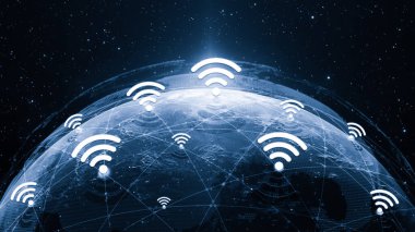 3 boyutlu illüstrasyon modern yaratıcı iletişim ve internet ağ haritası akıllı şehirde bağlanıyor. Uluslararası 5G kablosuz dijital bağlantı kavramı ve gelecekteki şeylerin interneti.
