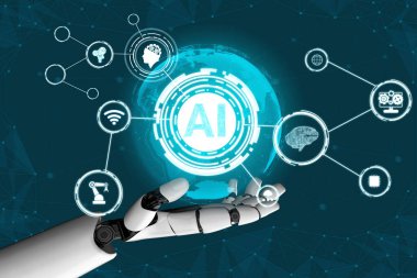 3D Rending gelecekteki robot teknolojisi geliştirme, yapay zeka yapay zeka ve makine öğrenme konsepti. İnsan hayatının geleceği için küresel robot biyonik bilim araştırması.