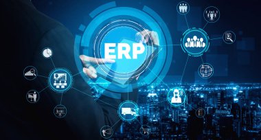 Girişim Kaynak Yönetimi ERP yazılım sistemi modern grafik arayüzünde sunulmuştur. Şirket kaynaklarını yönetmek için geleceğin teknolojisini göstermektedir..