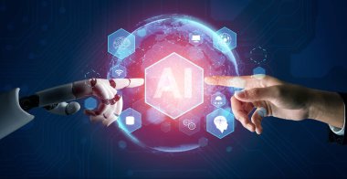 3D Rending gelecekteki robot teknolojisi geliştirme, yapay zeka yapay zeka ve makine öğrenme konsepti. İnsan hayatının geleceği için küresel robot biyonik bilim araştırması.