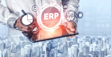 Girişim Kaynak Yönetimi ERP yazılım sistemi modern grafik arayüzünde sunulmuştur. Şirket kaynaklarını yönetmek için geleceğin teknolojisini göstermektedir..