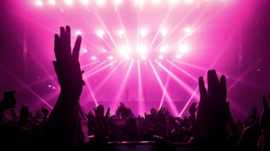 Mutlu insanlar gece kulübü DJ parti konserinde dans eder ve sahnede DJ 'den elektronik dans müziği dinlerler. Siluet dolu neşeli kalabalık 2020 yılbaşı partisini kutluyor. İnsanların yaşam tarzı DJ gece hayatı.
