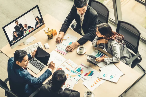 Grupo Chamadas Vídeo Reunião Empresários Local Trabalho Virtual Escritório Remoto — Fotografia de Stock