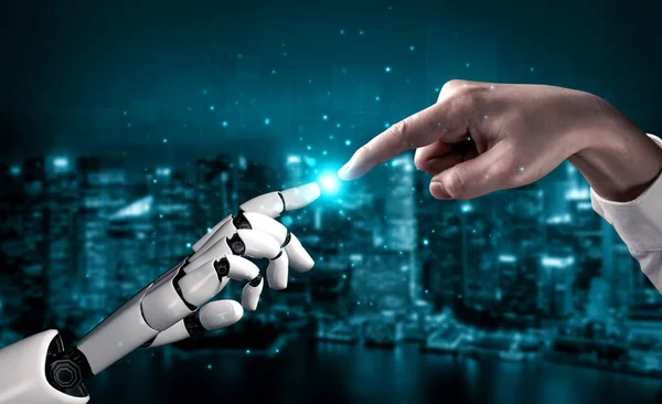 Yaşayan Insanların Geleceği Için Robot Sayborg Gelişimi Üzerine Yapay Zeka — Stok fotoğraf