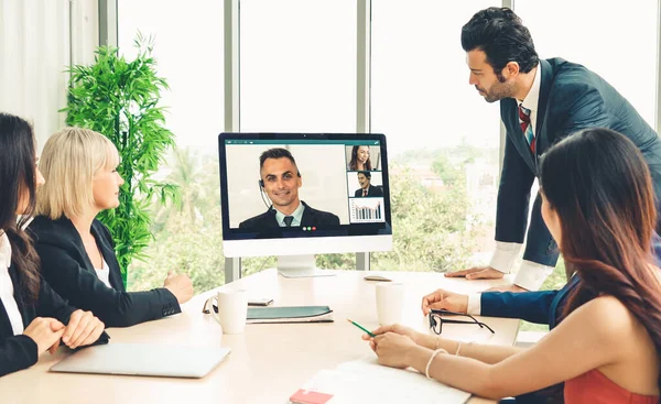 Videogesprek Groep Zakelijke Mensen Vergadering Virtuele Werkplek Afstand Kantoor Telework — Stockfoto