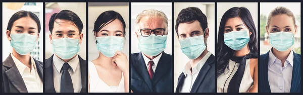Diverse people with face mask protected from Coronavirus or COVID-19 photo set in banner concept of person fighting 2019 coronavirus disease COVID-19 pandemic outbreak.