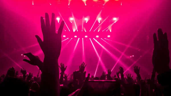 Gente Feliz Baila Concierto Fiesta Discoteca Escucha Música Electrónica Escenario — Foto de Stock