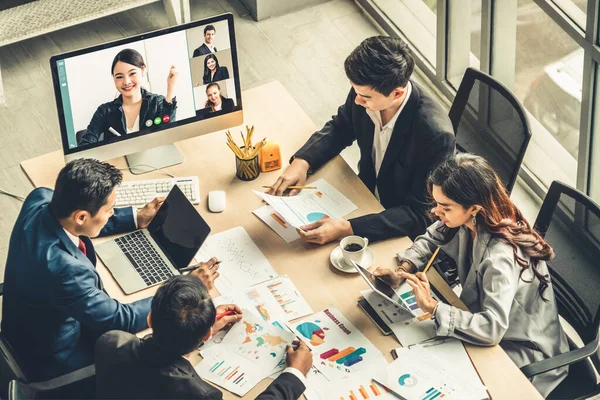 Grupo Chamadas Vídeo Reunião Empresários Local Trabalho Virtual Escritório Remoto — Fotografia de Stock