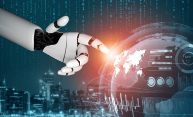 3D Rending gelecekteki robot teknolojisi geliştirme, yapay zeka yapay zeka ve makine öğrenme konsepti. İnsan hayatının geleceği için küresel robot biyonik bilim araştırması.
