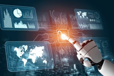 3D Rending gelecekteki robot teknolojisi geliştirme, yapay zeka yapay zeka ve makine öğrenme konsepti. İnsan hayatının geleceği için küresel robot biyonik bilim araştırması.