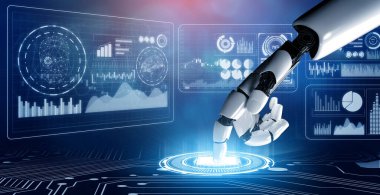 3D Rending gelecekteki robot teknolojisi geliştirme, yapay zeka yapay zeka ve makine öğrenme konsepti. İnsan hayatının geleceği için küresel robot biyonik bilim araştırması.