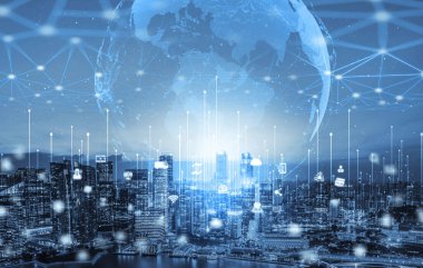 Modern yaratıcı iletişim ve internet ağı akıllı şehirde birleşir. 5G kablosuz dijital bağlantı ve gelecekteki şeylerin interneti kavramı.