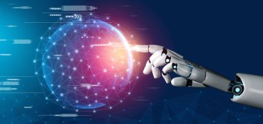 3D Rending gelecekteki robot teknolojisi geliştirme, yapay zeka yapay zeka ve makine öğrenme konsepti. İnsan hayatının geleceği için küresel robot biyonik bilim araştırması.