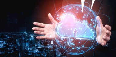 İş ağı konsepti için bulut bilgisayar teknolojisi ve çevrimiçi veri depolama. Bulut veri transferi için internet sunucu servisine bağlanan bilgisayar 3B fütüristik grafik arayüzünde sunuluyor.