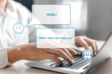 Al Chatbot akıllı dijital müşteri hizmetleri uygulaması konsepti. Yapay zeka sohbet botu otomatik mesajı kullanan bilgisayar veya mobil aygıt uygulaması müşterilere anında yardım etmek için çevrimiçi yanıt verir.