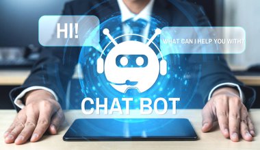 Al Chatbot akıllı dijital müşteri hizmetleri uygulaması konsepti. Yapay zeka sohbet botu otomatik mesajı kullanan bilgisayar veya mobil aygıt uygulaması müşterilere anında yardım etmek için çevrimiçi yanıt verir.