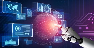 3D Rending gelecekteki robot teknolojisi geliştirme, yapay zeka yapay zeka ve makine öğrenme konsepti. İnsan hayatının geleceği için küresel robot biyonik bilim araştırması.