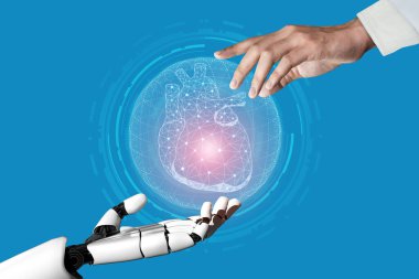 3D tıbbi yapay zeka robotu geleceğin hastanesinde çalışıyor. Hasta ve biyomedikal teknoloji konsepti için gelecekteki protez sağlık hizmetleri.