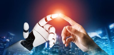 3D Rending gelecekteki robot teknolojisi geliştirme, yapay zeka yapay zeka ve makine öğrenme konsepti. İnsan hayatının geleceği için küresel robot biyonik bilim araştırması.