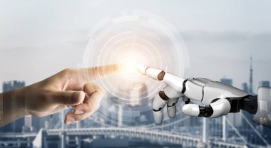 3D Rending gelecekteki robot teknolojisi geliştirme, yapay zeka yapay zeka ve makine öğrenme konsepti. İnsan hayatının geleceği için küresel robot biyonik bilim araştırması.