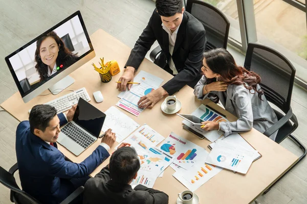 Grupo Chamadas Vídeo Reunião Empresários Local Trabalho Virtual Escritório Remoto — Fotografia de Stock